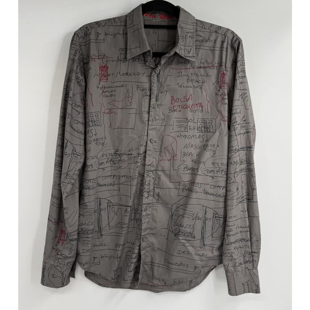 Desigual Graffiti Button Up Shirt Mens S Gray Artsy Avant Garde Casual Designer